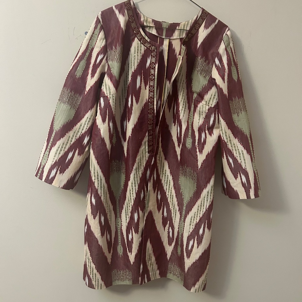 Handmade silk ekat patterned print midi jacket, size L